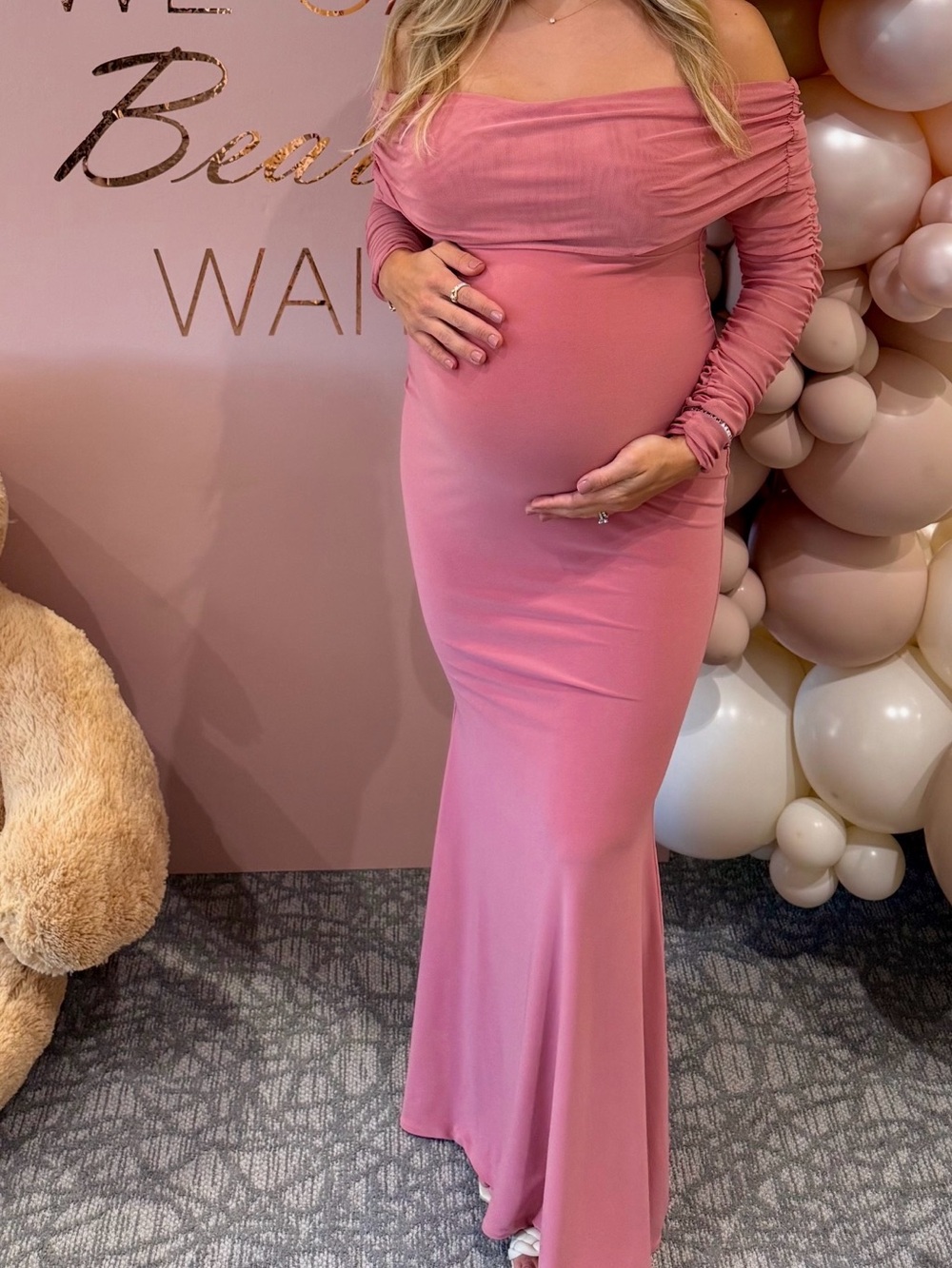 Club L London Off-Shoulder Maternity Maxi Dress - Dusty Rose Pink - Picture 3 of 3